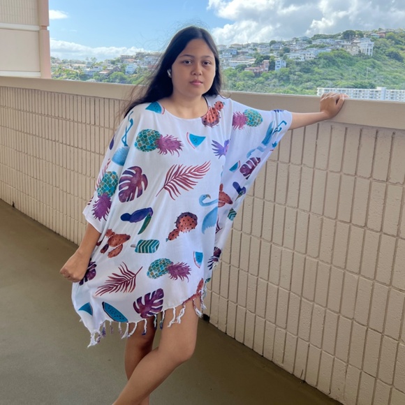 Beach Cover up, Natural Pattern Poncho With Fringe , Swimming Cover Up - Picture 5 of 11